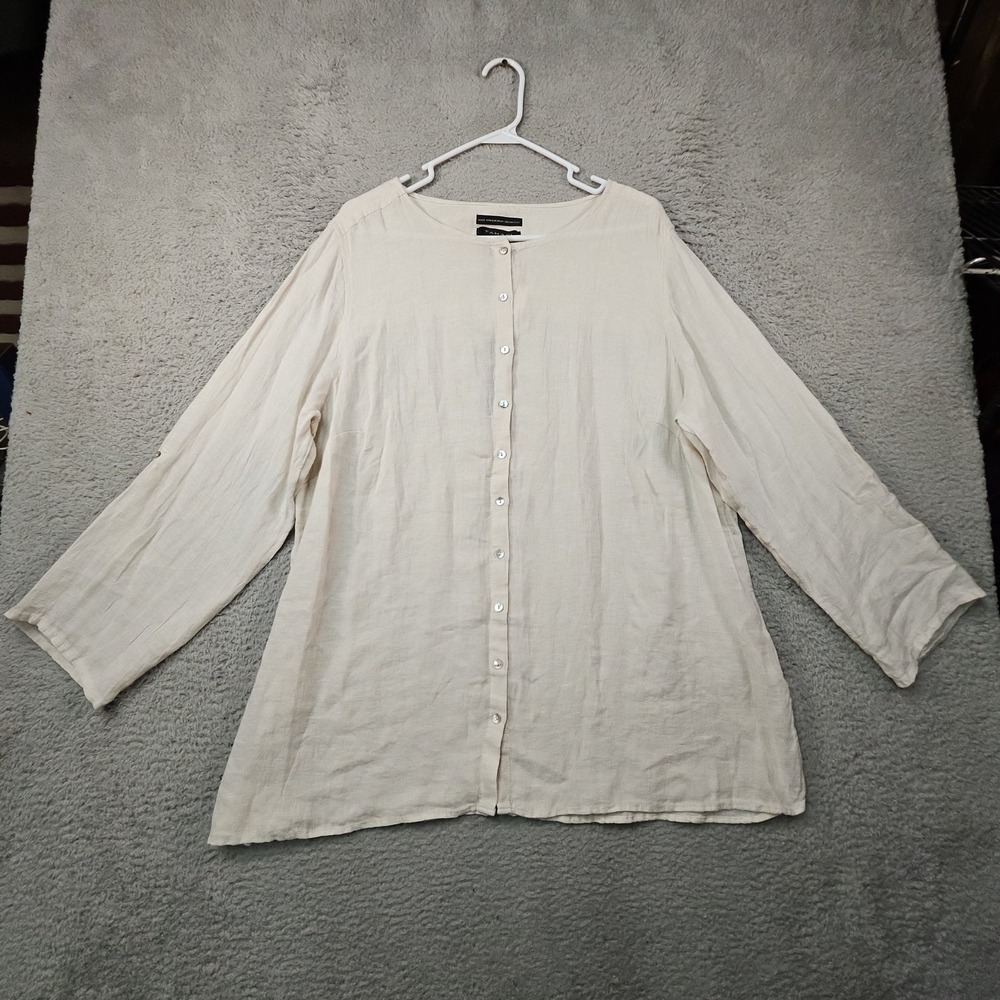 Tahari Blouse Womens 2X Beige 100% Linen L/S Button Up Shirt Top Luxury Classic